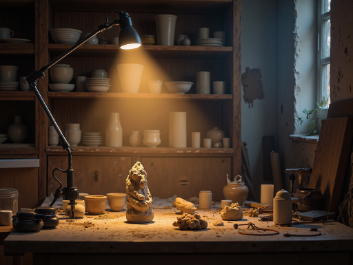 手工艺人在工作室精心制作陶瓷茶具的场景,暖黄色灯光,木质工作台,专注的工作状态