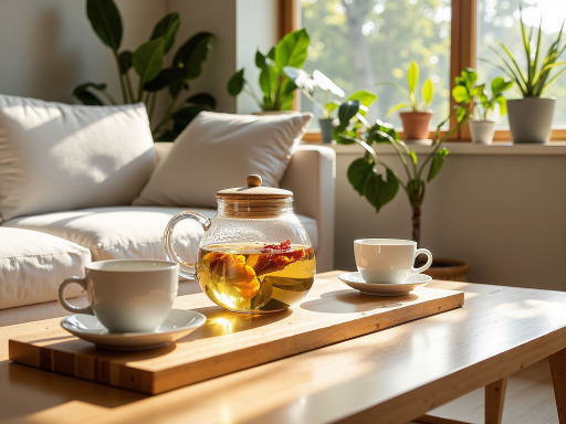 温馨的家居生活场景，木质茶几上摆放着精致的茶具和绿植，温暖自然光线，日式极简风格