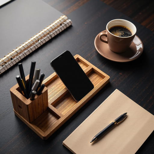 日式风格木质桌面收纳套装,包含笔筒、便签架、回形针收纳盒,原木色,简洁设计